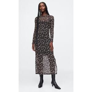 Gap Mesh Midi Dress Grey Floral Print - L
